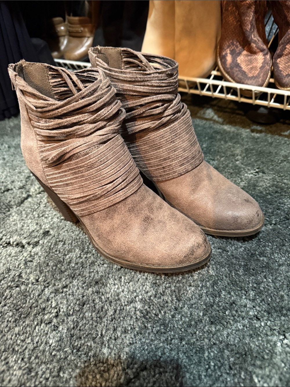 Fergalicious Taupe Suede Wrap-Detail Ankle Booties
